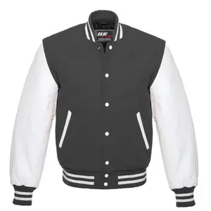 Letterman Varsity Jacket Wool & Real Leather Dark Gray/White Collar Knit