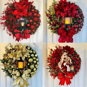 Christmas Holiday Decorations, Christmas Oil Lamp with Flowers, Christmas Flower Wreath Window Door Hanging Decoration, 3D Flower Ring, Lighted Lantern
