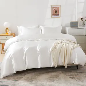 Satin Duvet Cover  Size, 3 count Silk Like Comforter Cover, Ultra Soft and Breathable Bedding Set with Zipper Closure & Corner Ties(White)