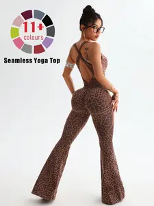 Women's High Waist Yoga Jumpsuit, Seamless Fashion Design, Cross-Back Straps, Tummy Control, Butt Lifting, Flare Leg Unitard, Workout Flare Jumpsuit