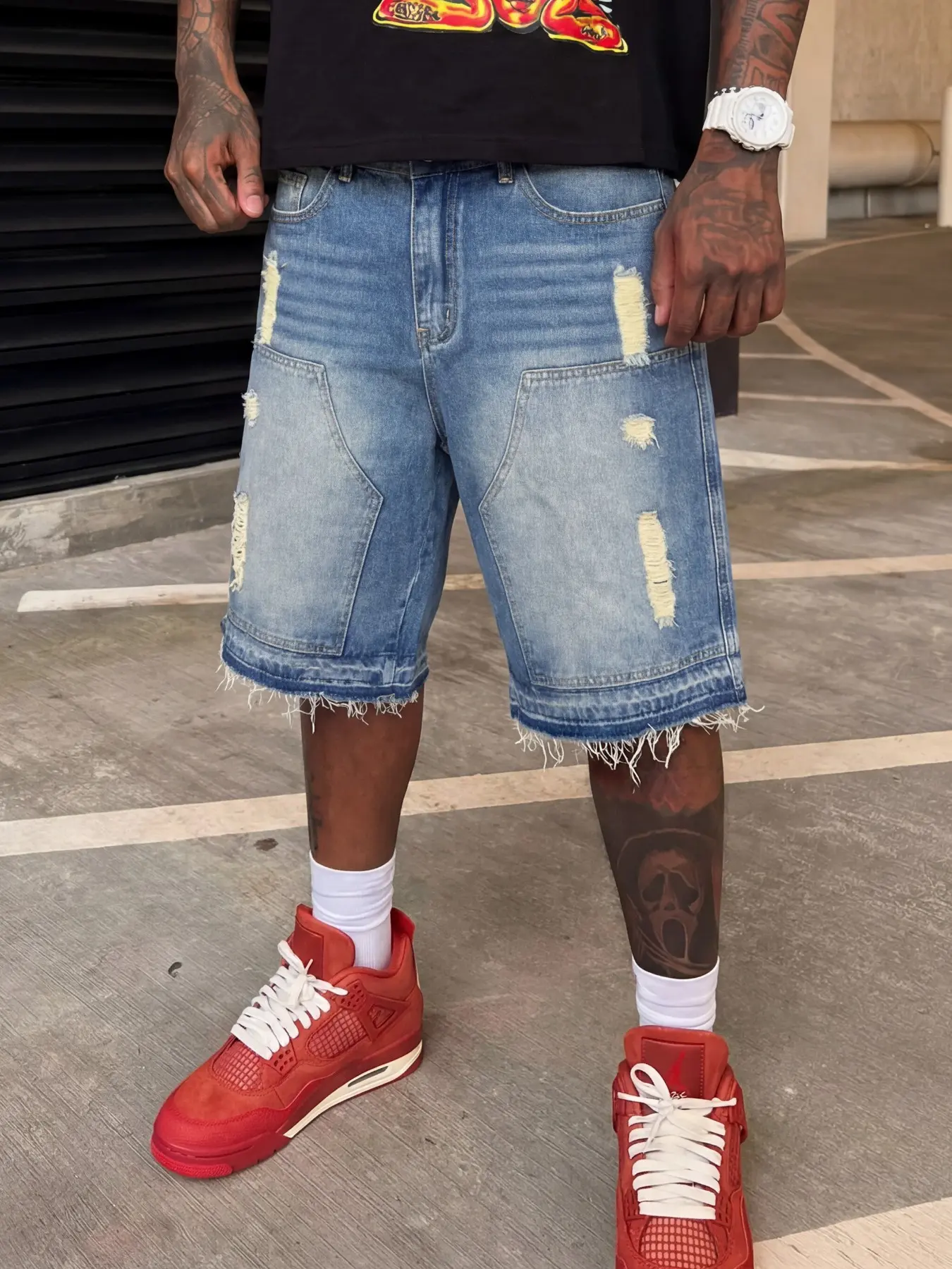 Men's Blue Knee-Length Ripped Jean Shorts, Faded Wash with Irregular Distressing & Frayed Hems, Retro Vintage Streetwear Casual Style Shorts