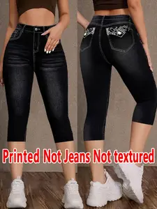 Women's Printed Tight-Fitting Pants, Non-Cotton Fabric, Seven-Inch Leggings, Faux Denim Print, All-Season Wear, Comfortable & Stylish