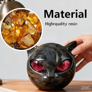 Handcrafted Black Cat Figurine – Marble-Look Resin Statue with Shiny Amber Eyes, Elegant Desk/Shelf Decor for Modern Home Office (Chic Resin Art Accent)
