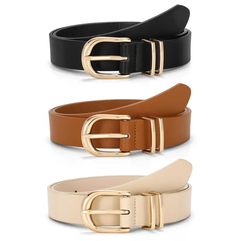 JASGOOD 3 Pack Women Leather Belts Ladies Faux Waist Belt with Gold Buckle For Jeans Dresses Pants