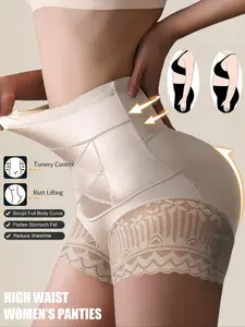 Women's High Waist Shapewear Panties, Lace Patchwork Feminine Sexy Style Underwear, Seamless Smooth Butt Lifting, Everyday Casual High Waist Briefs Womenswear