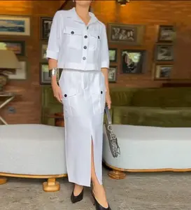Two Piece Set Summer Women Fashion Solid Laple Single Breasted Button Half Sleeve Top Loose Slit With Pockets Skirt Sets