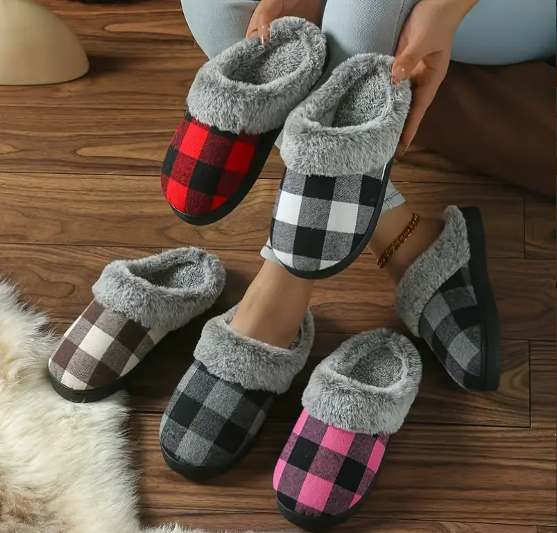 【NEW】House Slippers for Woman Men, womens Checkered Slippers on House Shoes Cozy Memory Foam Scuff plaid Shoes with Fuzzy Faux Fur Comfortable Non-Slip Warm Fuzzy indoor outdoor