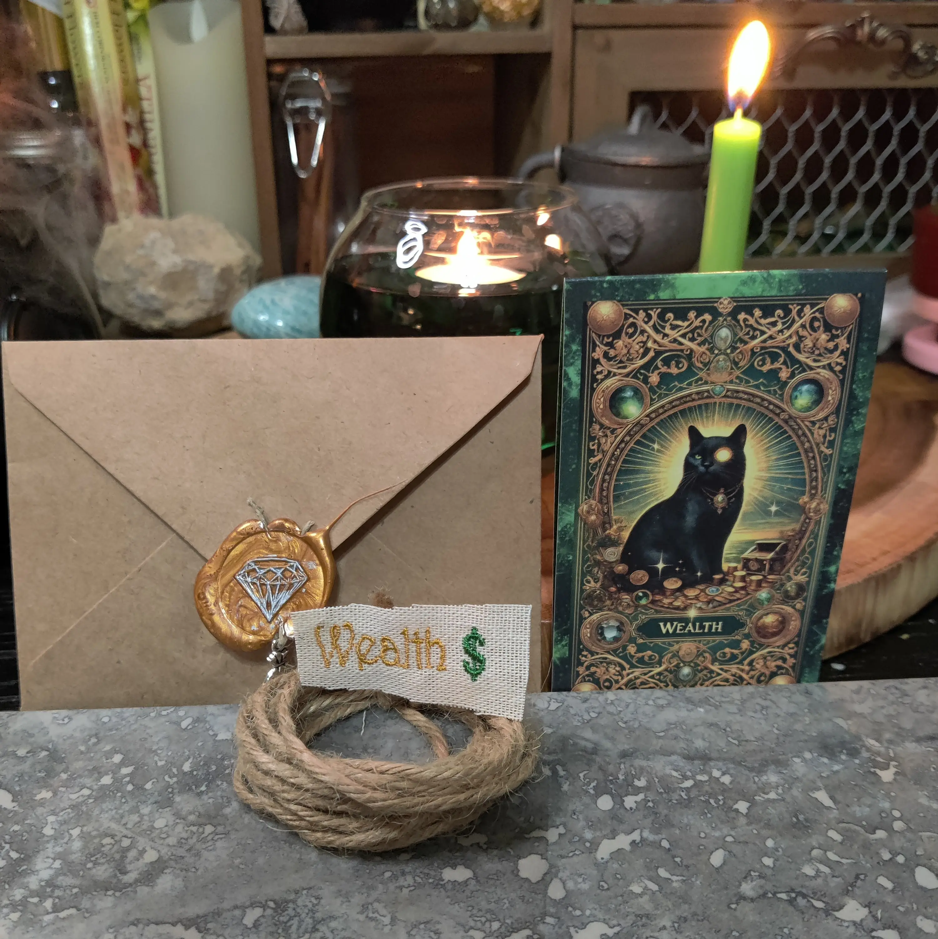 Wealth Manifestation Advanced Charm Kit - Cotton Embroidery & Pewter Charm for Money Security & Abundance