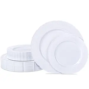 60pcs White Plastic Plates - Heavyweight Vintage Disposable Plastic Plates for 30 Guests Include 30pcs 10.25” Dinner Plate,30pcs 7.5” Dessert Plate Perfect for Wedding & Party