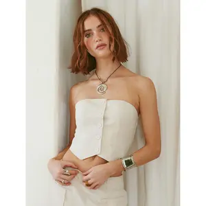 Cider [size 2-26] French Riviera Vacation Linen-blend Button Tube Crop Top