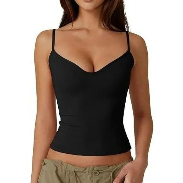 QINSEN Women's Sweetheart Neck Spaghetti Strap Slim Fit Crop Cami Top Soft Bodycon Sleeveless Tank Top