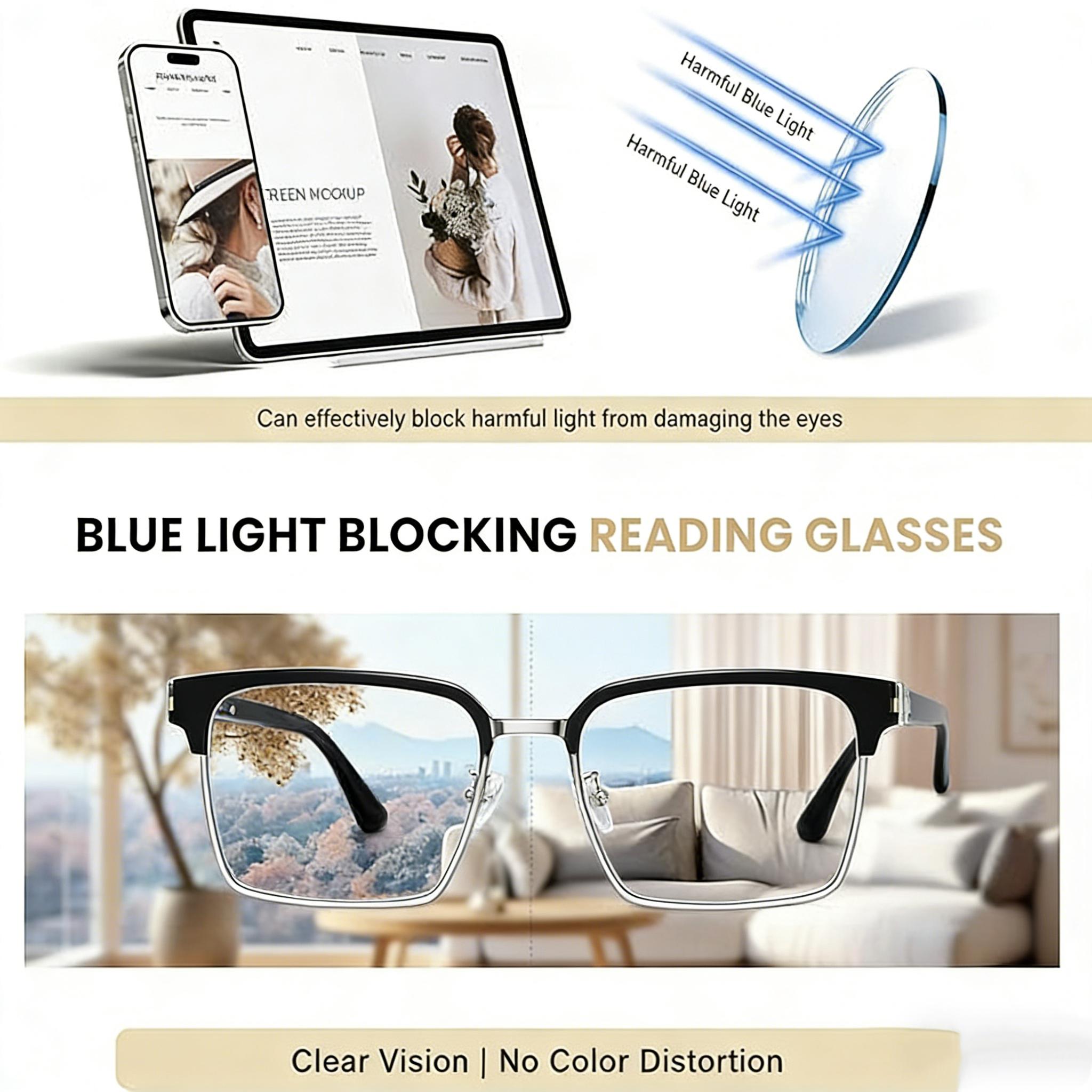 Bluetooth reading glasses feature blue light blocking lenses, a metal frame, surround sound, and a wireless microphone, allowing you to listen to music and make phone calls.Anti-Eyestrain/Glare