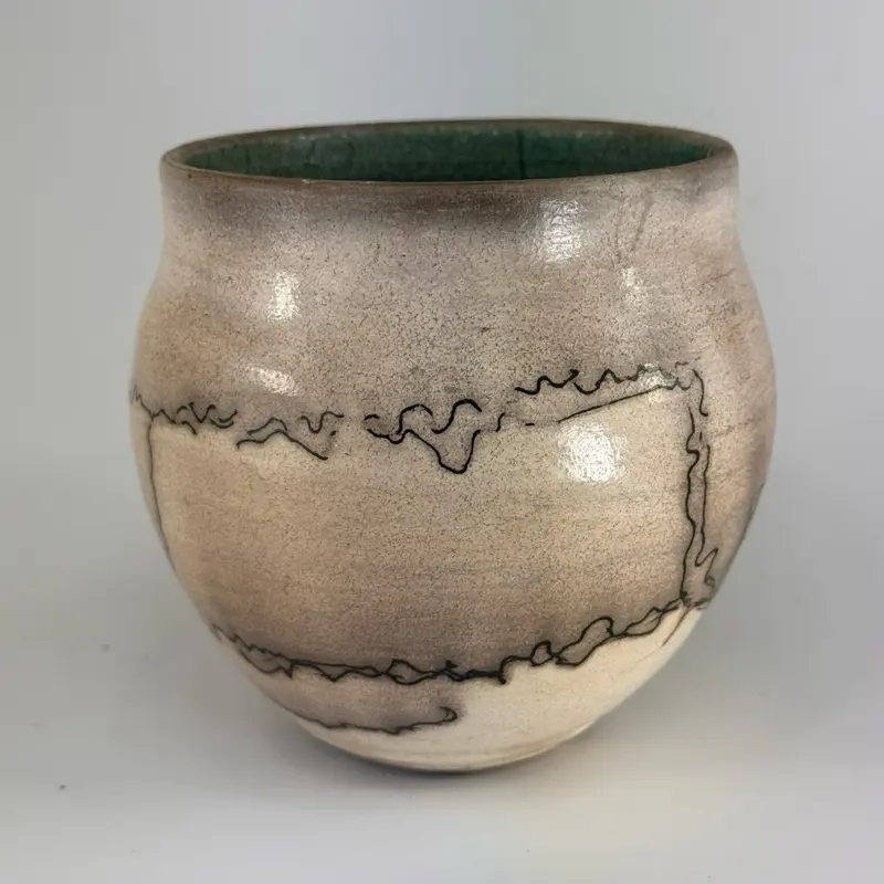 Handmade Horsehair Raku Pottery - Home Decor, Hand Burnished Exterior, waxed and polished. Coil Water Blue Glaze Reduction Interior.