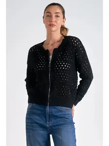 Ruby & Jenna Women's Zip Up Hole Sweater