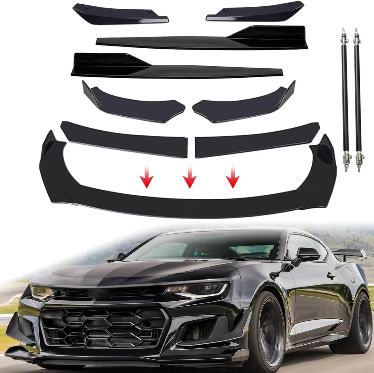 Universal Glossy Black Front Bumper Lip Splitter Chin Spoiler Body Kit+74.5CM Side Skirt Splitter+Rear Bumper Lip Wrap Splitter Canard