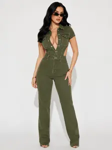Kamaria Long Sleeve Denim Romper - Zip Up Collared Cargo Jumpsuit, Trendy Olive Green Streetwear One-Piece Short Outfit with Belt