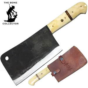 Bone Collector BC 878-WHBN 10.75" Hand-Forged Steel Blade Kitchen Cleaver, White Bovine Handle, Leather Sheath for Meat Prep (Sports & Outdoor, Camping & Hiking Knives & Tools)