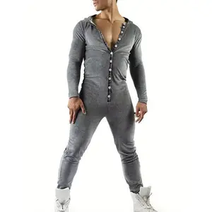 Men’s Casual Bodysuit, Long Sleeve, Rabbit Ears Hood, Buttoned Collar, Long Pants, Hip-Opening Design, Suitable for Autumn