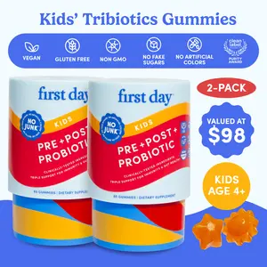 2-PACK FIRST DAY Kids 3-in-1 Pre-Post-Probiotic Gummies – Prebiotic + Probiotic + Postbiotic Supplement – Supports Digestive & Oral Health, Immune Function & Energy Levels – 60-Day Supply