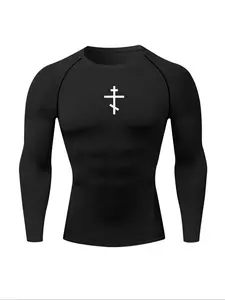 Men's Cross Print Round Neck Sports Tee, Tight Sporty Long Sleeve T-shirt for Gym Workout Running, Men's Sportswear for Fall & Winter