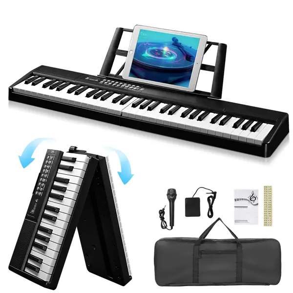 61-Key Foldable Semi-Weighted Digital Piano Keyboard, Portable Bluetooth Multifunction Device with Built-in Speaker, Includes Handbag, for Piano Lovers (Black)