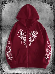 Men's Original Gothic Dark Style Graphic Printed Zipper Fitted Hoodie, Sweatshirts, Fashionable Streetwear for Casual Occasions, Fall and Winter Moderate Thickness