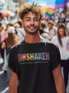 UNSHAKEN, Motor City Pride, Official Design, Rainbow Pride T-Shirt — "Unshaken: Rooted in Pride, Leading with Love" up to size 5XLarge.
