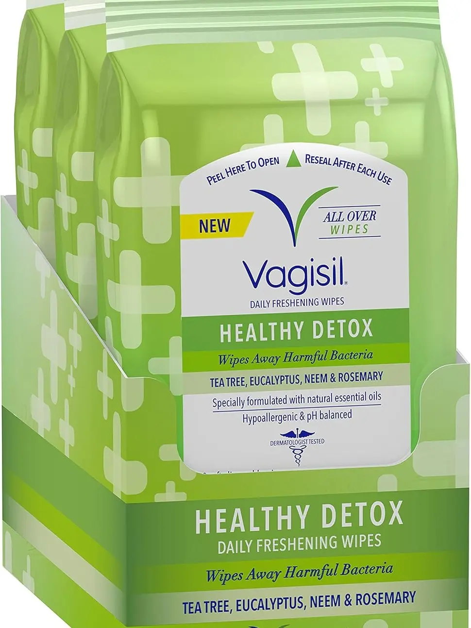 Vagisil Healthy Detox Intimate Cleanser Wipes - 3-Pack Multi-Pack, 20 Re-Sealable Pouches, 24-Month Shelf Life, Gentle Daily All-Over Cleansing Infused with Tea Tree, Eucalyptus, Neem & Rosemary Essential Oils, Wipe