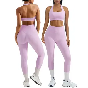 OMKAGI 2 Piece Workout Sets for Women Halter Sports Bras Gym Sets Booty Leggings Outfits