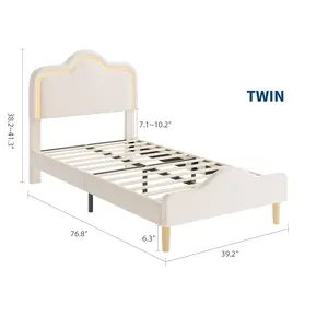 Adjustable Headboard LED Bed Frame, Velvet Upholstered Princess Platform Bed for Kids & Girls, LED Light Up Bed with Wooden Slats and Footboard, No Box Spring Needed