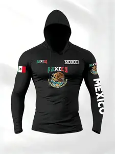 Men's Hooded Drawstring Basic Fitted T-Shirt, Mexican Flag Theme Print Design, Casual Sporty Daily Wear Long Sleeve Shirt, Comfortable Fashion Men's Clothing