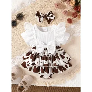 2pcs, Baby Girls Clothes, Casual, Cute, Soft, Comfortable, Bow-decorated Lace Trim Details Patchwork Print Cake-layered Ruffle Bodysuit Dress And Headband Set, Baby Stuff, Summer Everyday Wear, Vacations, Parties, Photo Shoots, Outdoor Activities