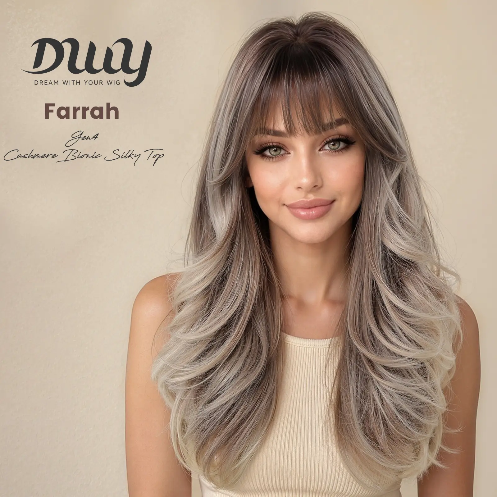 Farrah - NEW CRAFT! [GEN4 cashmere Bionic Silky Top] 22-Inch Long Feathered Layerst Ash Beige Blonde Glueless Synthetic Wig with Bangs for Women High-Quality Premium Fiber Easy Wear Comfortable Fit