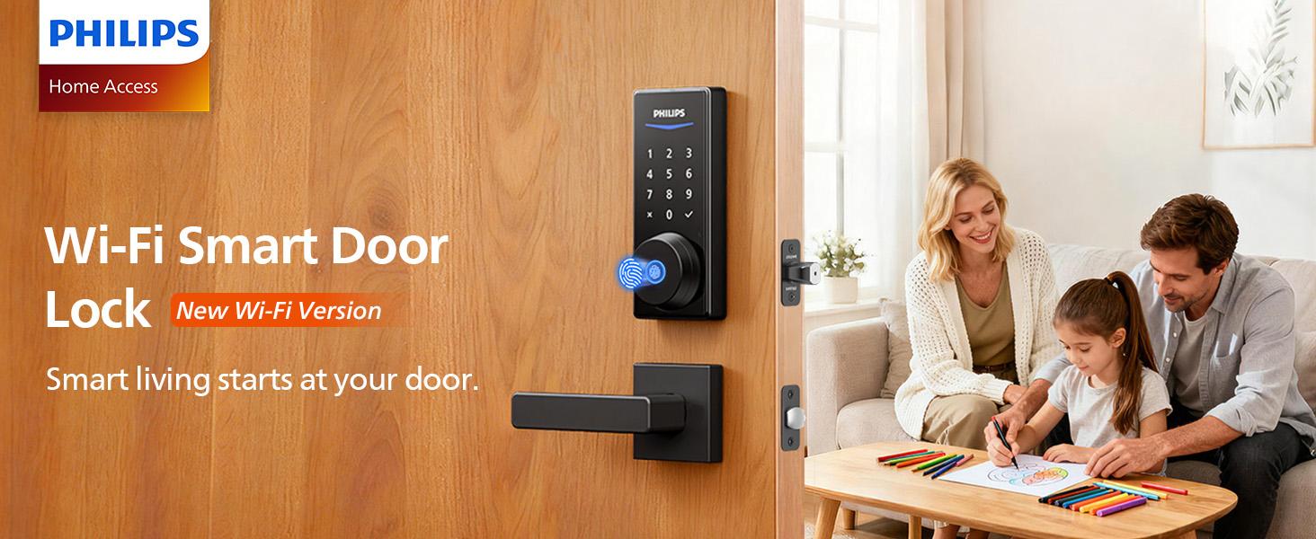Philips Built-in WiFi Smart Lock, Keyless Entry Door Lock with App, Touchscreen, Fingerprint Door Lock — Compatible with Alexa & Google, Splash-Proof Design, Includes 8 Batteries, Black