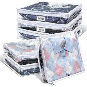 6 Pieces Sweater Bags Clear PVC Clothes Bags with Zipper and Label for Clothes Closet Pillow Bed Sheet Organizer(15.7 x 13.7 x 3.9 Inch)