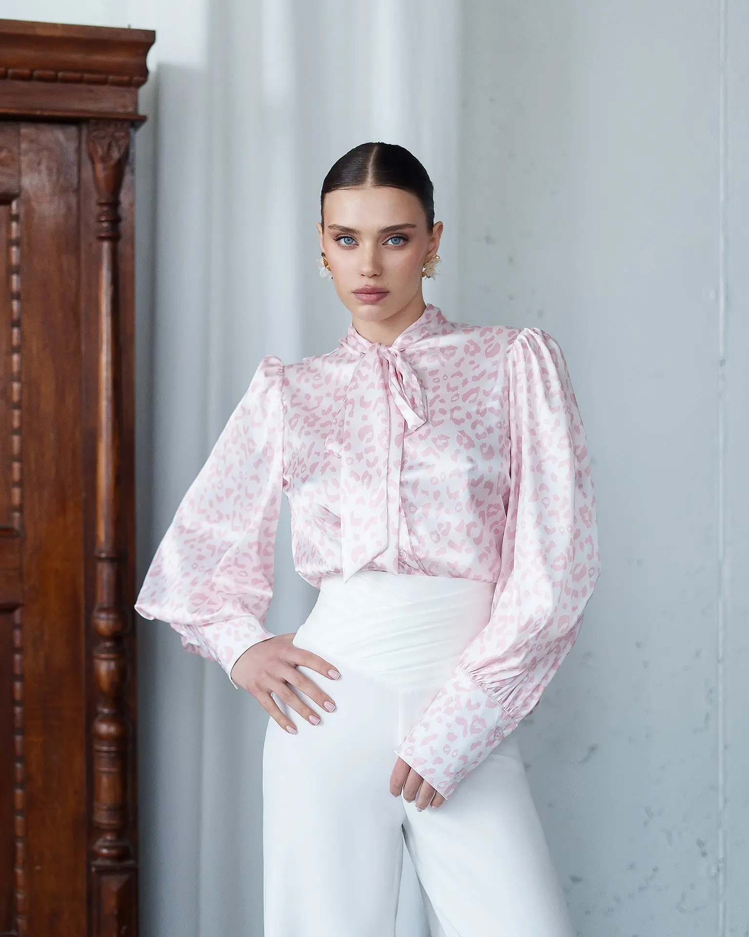 Julie Pink Satin Bow-Neck Puff Sleeve Blouse