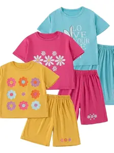 Girls' 6-Pack Love Heart Print T-Shirt & Sunflower Dolphin Shorts Tracksuit Set - Kids Clothing Girls for Sports, Casual Wear, Dance Vacation Outfits Sporty Tee Set