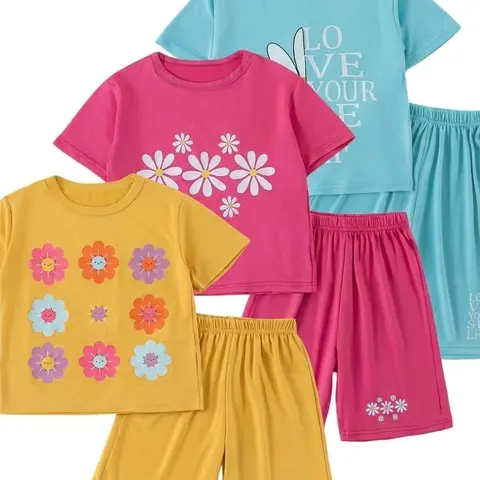 Girls' Pack of 2 Jersey Set - 6-Pack Love Heart Print Sporty Tee & Sunflower Dolphin Play-Ready Shorts, Polyester, Machine Washable, Casual Match-Ready Set, Back to School Outfit