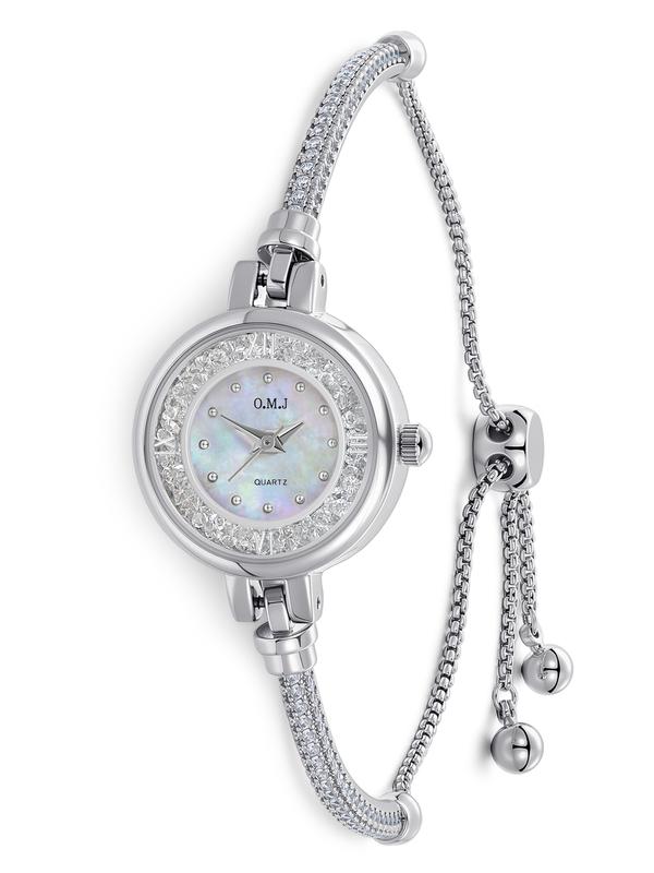 O.M.J G037 Elegant Round Classic Dainty Wrist Watch for Women - 22mm Stainless Steel Bracelet, <30M Waterproof, Japanese Quartz Analog, Mineral Glass Crystal, , Gift Box Included, Fits Any Outfit