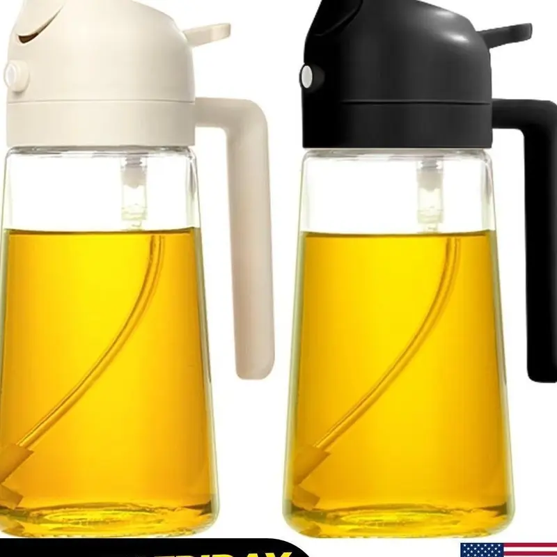 2 Pcs - 2 in 1 Oil Dispenser Bottle 470ml for Kitchen - Sprayer & Handle, Modern Style - Black & White, oil glass Utensils kitchen Bbq 2-Pack Dual-Oil 2-in-1 oil
