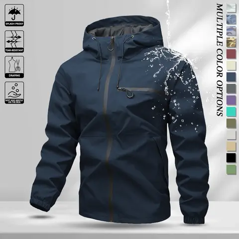 Men’s softshell lightweight windproof hooded jacket with drawstring design, sporty casual style, large front pocket, side zip closure, suitable for spring and autumn, back to school season outfits, long sleeve version ideal for outdoor wear in spring