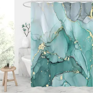 Abstract Teal Marble Shower Curtain, Turquoise Marble Shower Curtain for Bathroom, Modern Ink Art Decor Waterproof Fabric Shower Curtain Set with Hooks, 72x72