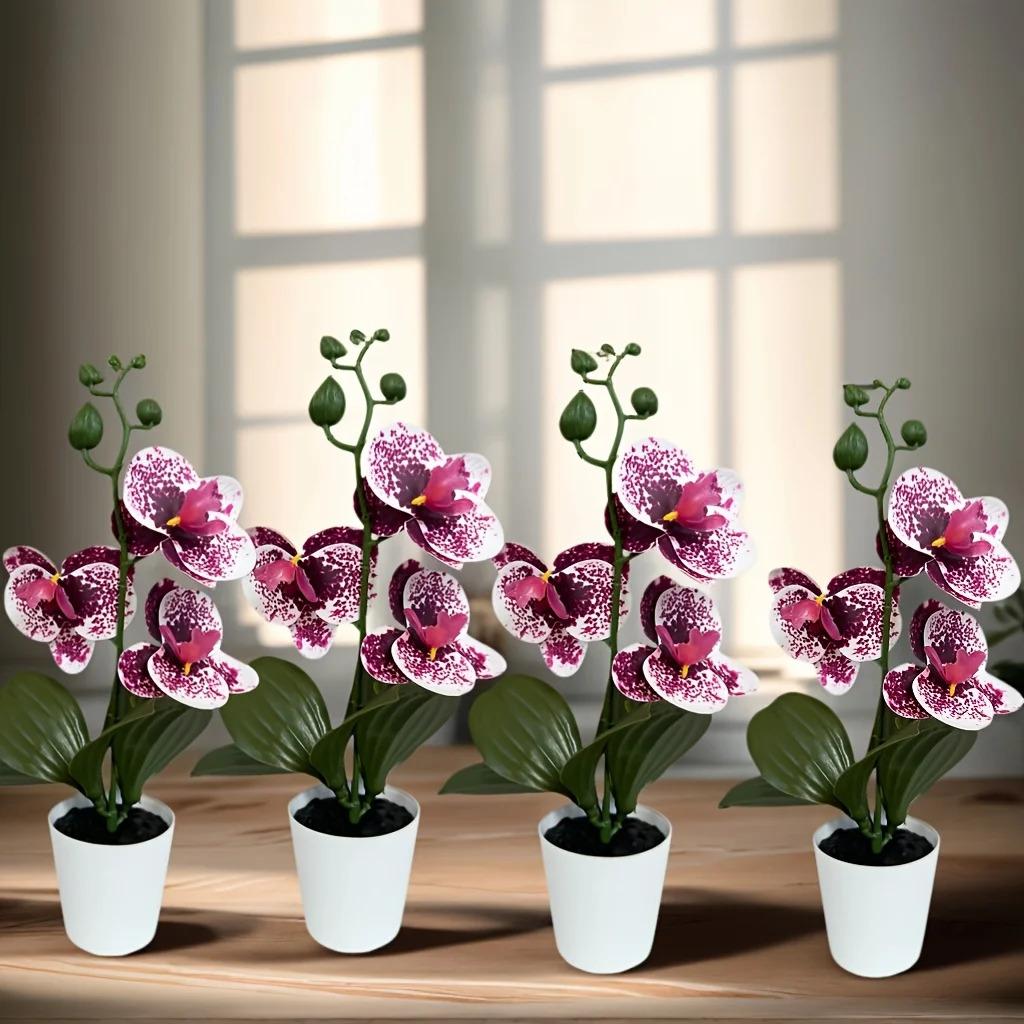 2/4pcs Elegant and Beautiful Phalaenopsis Orchid Potted Plant, Realistic Unique Purple Spotted Flowers with Pot