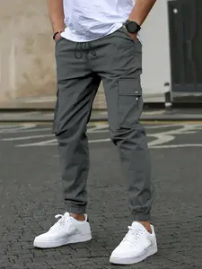 Men's Solid Flap Pocket Casual Drawstring Waist Cargo Pants, Regular Fit Casual Comfy Slant Pocket Trousers for Spring & Fall, Men's Bottoms for Daily Wear