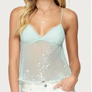 Women's Lace Trim Sequin Camisole, Sheer Mesh V-Neck Spaghetti Strap Cami Top, Sparkly Sleeveless Blouse for Party & Casual Wear