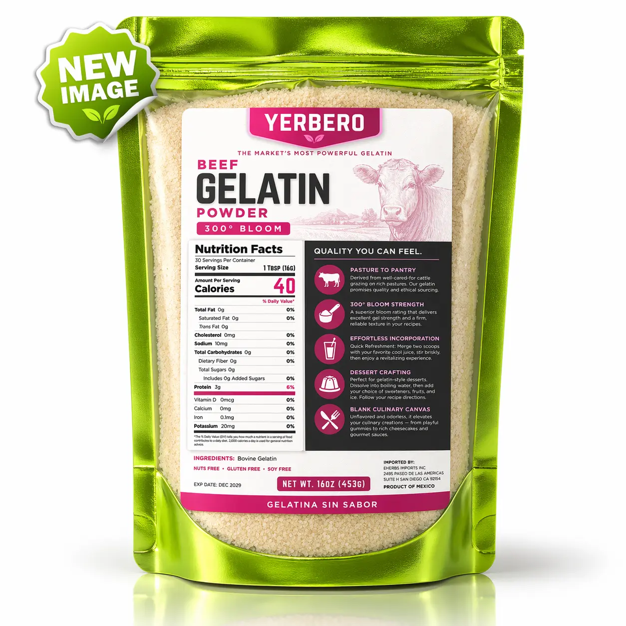 NEW IMAGE | NEW SIZE- VIRAL Yerbero Premium Unflavored 300° Bloom Beef Gelatin Powder 16oz (170g) | Thickening Agent | Grenetina en Polvo Sin Sabor | Swiftly Solidifies, Stabilizes, and Enhances for Culinary & Baking Endeavors.