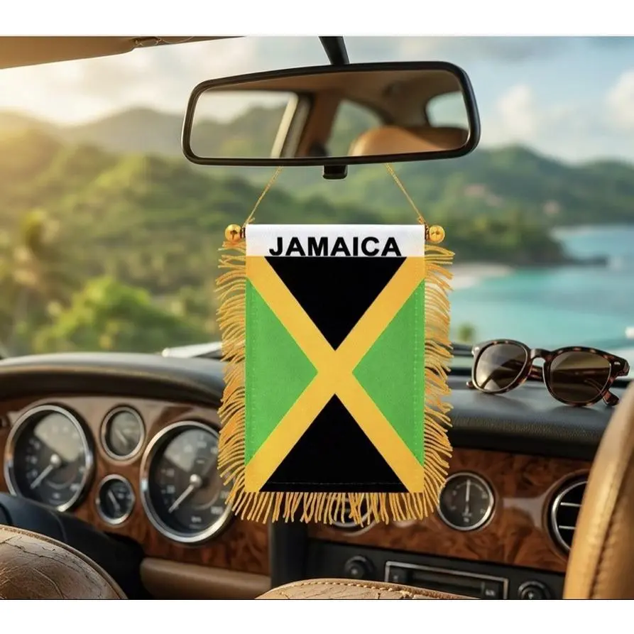 Jamaica MINI BANNER FLAG 2-Sided for Car & Home Window Mirror Hanging Decorative Flag with Fringe Detail