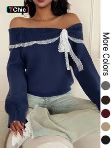Women's off Shoulder Lace Bow Long Sleeve Pullover Sweater, Cute Knit Top for Fall & Winter, Casual Fashion for Ladies, Women Fall Outfit, Cute Winter Sweater for Women, Autumn Knitwear