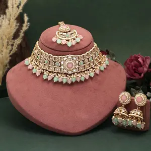 Handcrafted Choker with Earrings Tikaa Featuring Kundan Stones and Beads Metal Coating Elegant Jewelry Set for Stylish Outfits