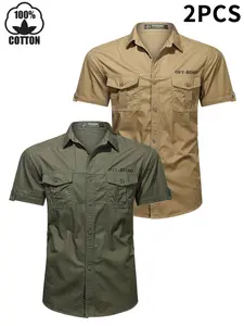 Pack of 1 / Pack of 2 — Men’s summer short-sleeve shirt, 100% cotton; workwear vintage style, washed distressed look for outdoor wear; multi-pocket casual rugged coach menswear
